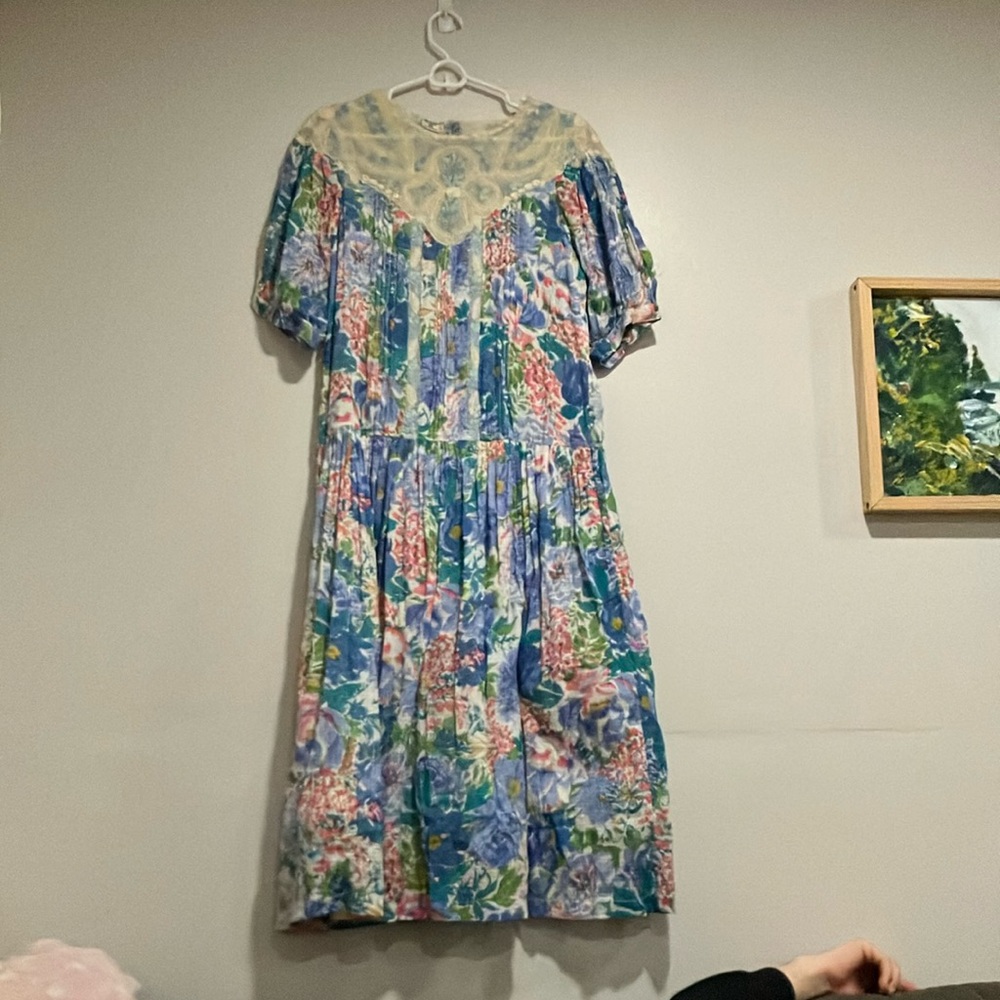 Vintage 1980s Puff Sleeve Lace Dress Size Medium Cottagecore Grandma Core Floral - Picture 2 of 10